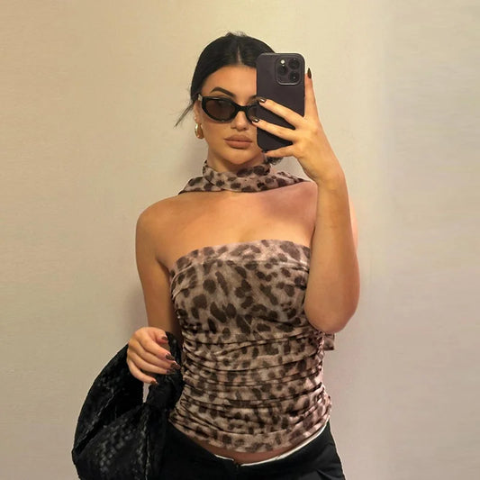 Women’s Tulle Leopard Print Off-Shoulder Top – Summer Casual Bandeau Blouse with Straight-Cut Neckline