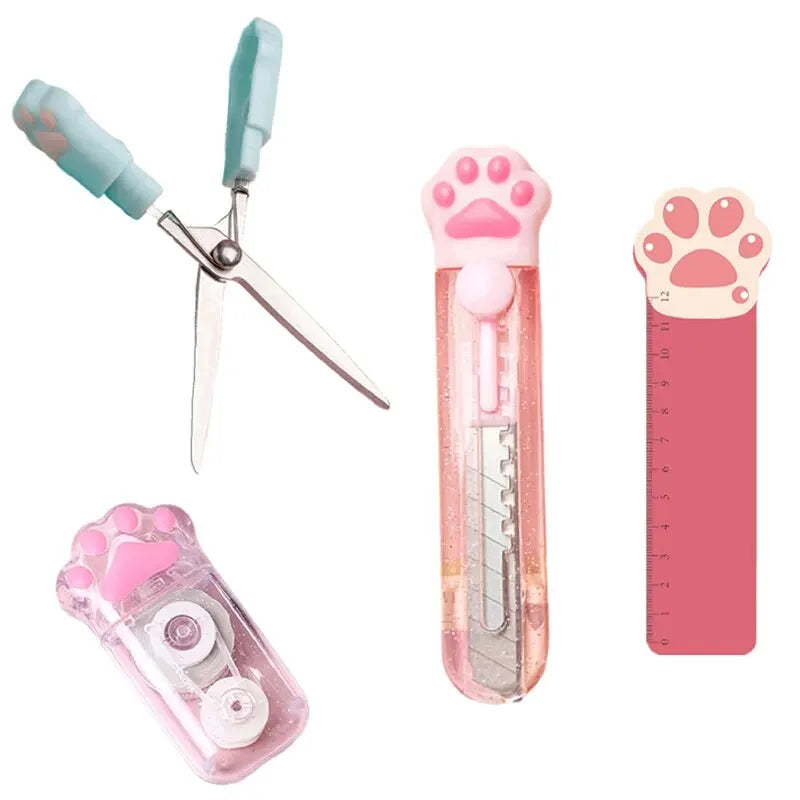 Cute Cat Paw Stationery Set: 4-Piece Correction Tape, Scissors, Utility Knife, Ruler - Kawaii School Supplies for Cat Lovers