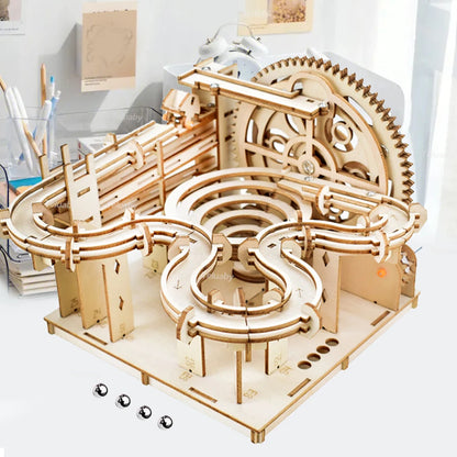 3D Wooden Puzzle DIY Mechanical Model Kit – Marble Run Set with 4 Balls, Assemble Toys for Adults & Kids, Unique Gifts