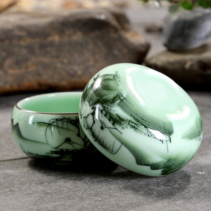 Traditional Celadon Hand-Painted Teacup — 80ml Ceramic Lotus & Bamboo Double-Fish Chinese Tea Cup