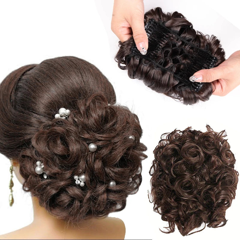 Short Messy Curly Hair Bun Extension – Easy Stretch Combs & Clip-in Ponytail Scrunchie Chignon for Hair Styling