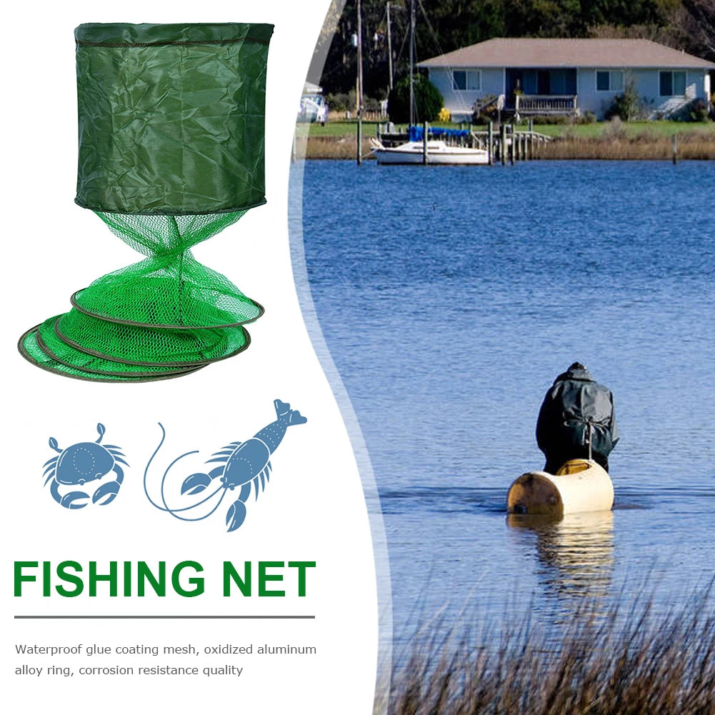Portable Folding Nylon Mesh Fish Cage – Steel Ring Trap Net Basket for Fishing Storage & Accessories