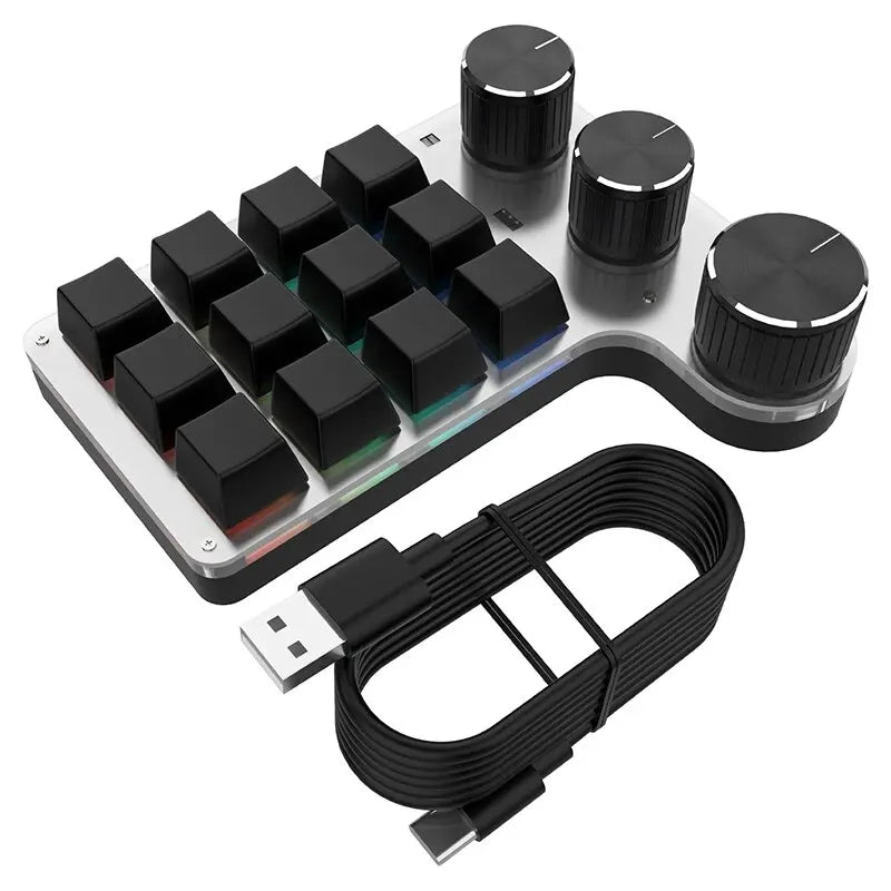 Bluetooth 12-Key RGB Macro Keyboard — 3 Knob Mechanical Hotswap Keypad for Photoshop & Gaming