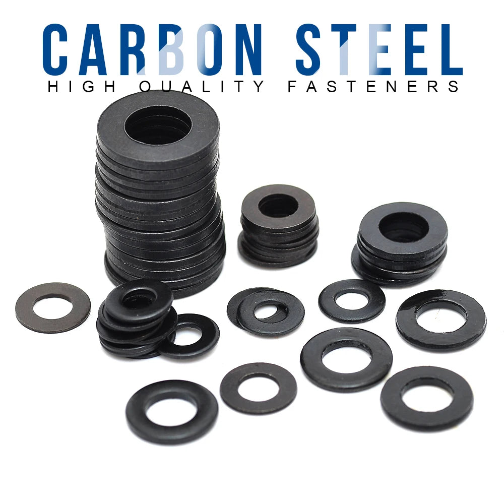 1-100pcs Black Flat Washers — M2 to M36 Carbon Steel Plain Gaskets