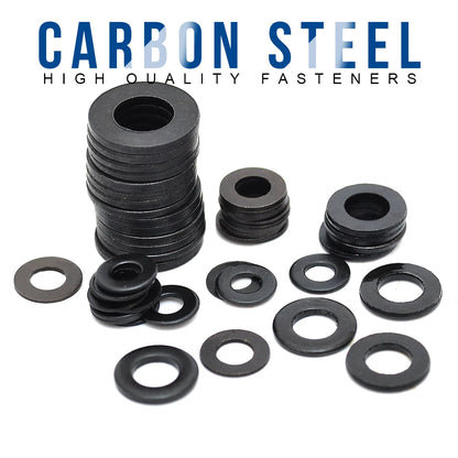 1-100pcs Black Flat Washers — M2 to M36 Carbon Steel Plain Gaskets