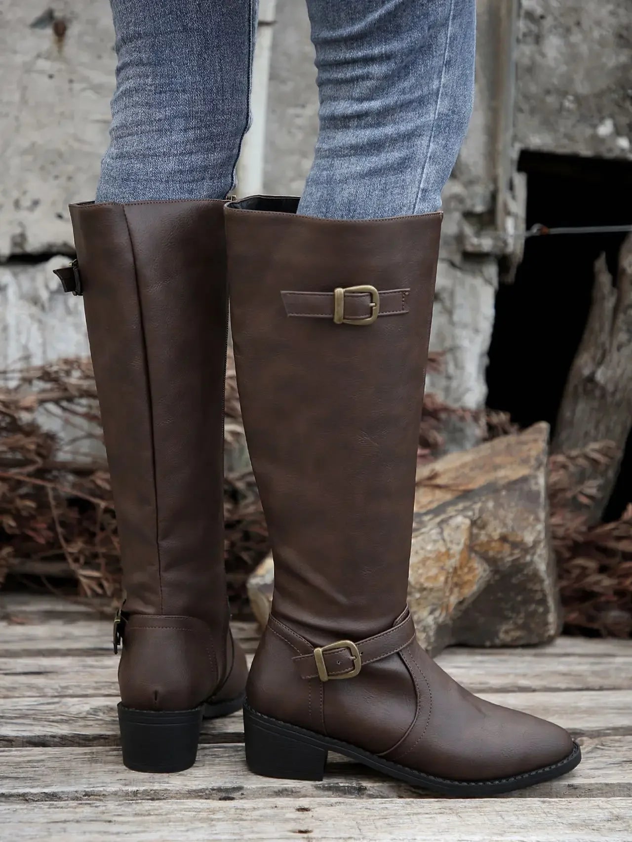 Women’s Winter High-Top Knight Boots – Side Zipper & Belt Buckle, Pointed Toe, PU Material with Cotton Lining