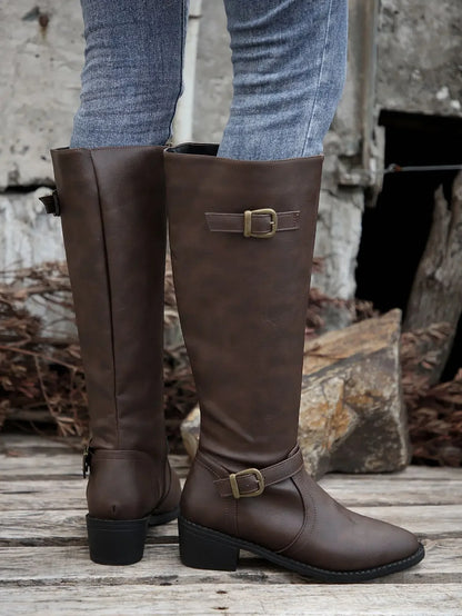 Women’s Winter High-Top Knight Boots – Side Zipper & Belt Buckle, Pointed Toe, PU Material with Cotton Lining