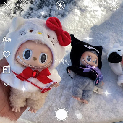 Labubu HelloKitty Clothes Suit – Sitting Party Cape Dress & Monster Vinyl Doll Outfit with Hat and Accessories