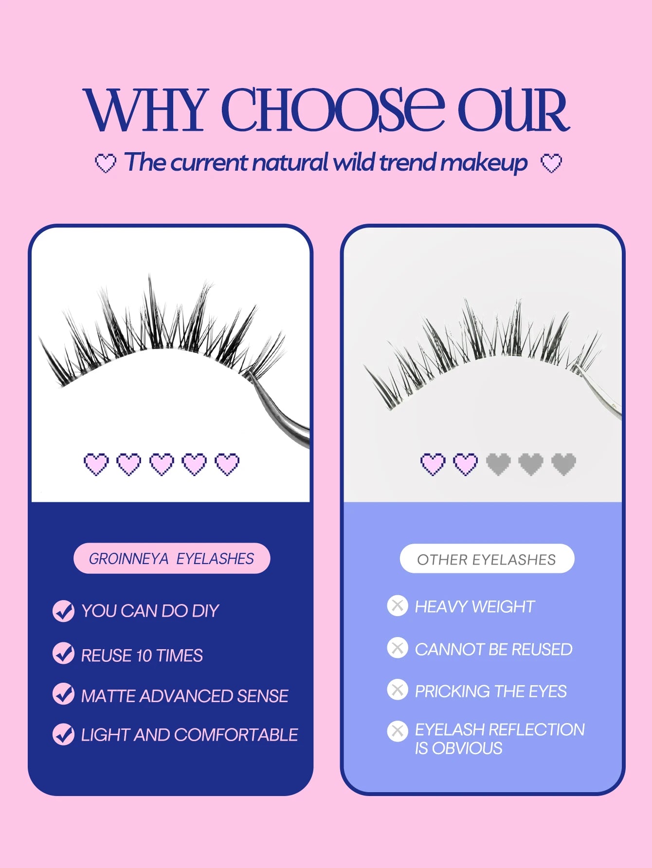 GROINNEYA Cat Eye Lashes – Faux Mink Wispy Winged Fake Eyelashes for Natural Elongated Look