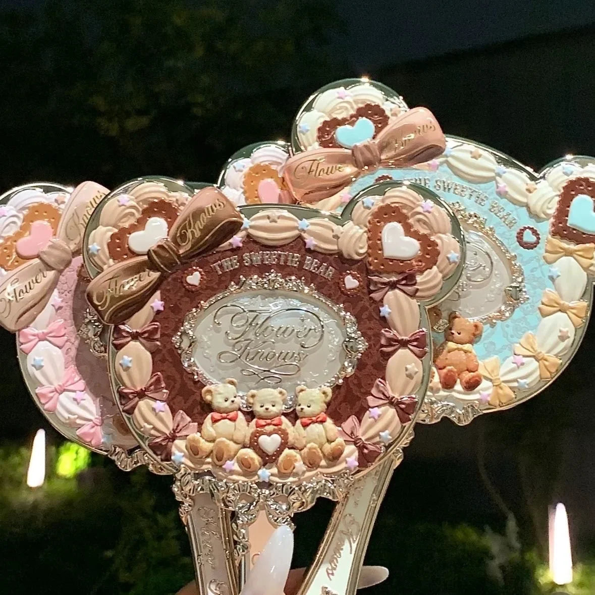Flower Knows Sweetie Bear Handheld Mirror – 3 Styles, Exquisite Relief Design, Cute HD Makeup Tool