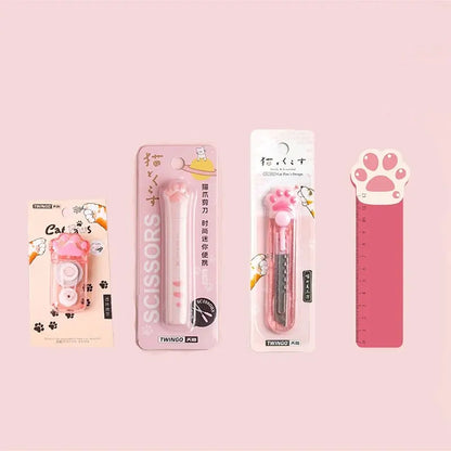 Cute Cat Paw Stationery Set: 4-Piece Correction Tape, Scissors, Utility Knife, Ruler - Kawaii School Supplies for Cat Lovers