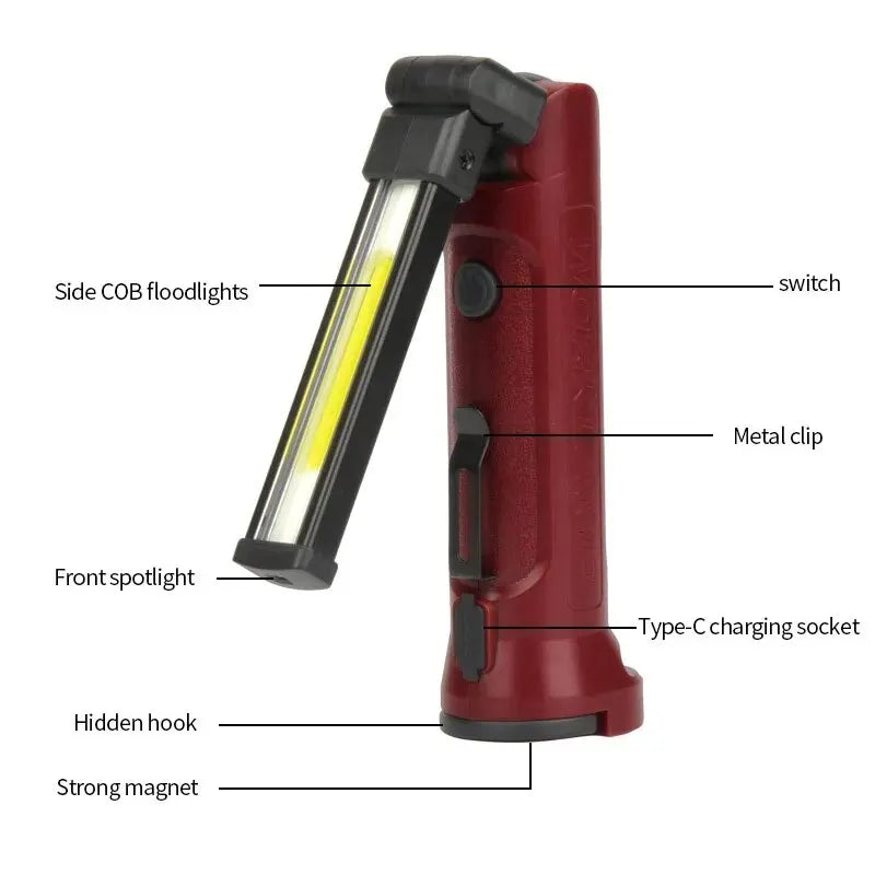 COB Work Light – 180° Folding USB Rechargeable Flashlight with Hanging Hook & Magnetic Base for Camping & Emergency Repair