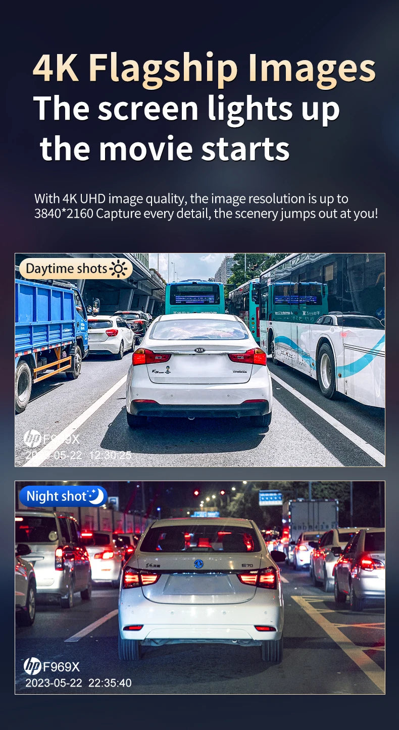 HP 4K HD Car Dash Cam – Night Vision, WiFi, Parking Monitoring, DVR Loop Video Recording