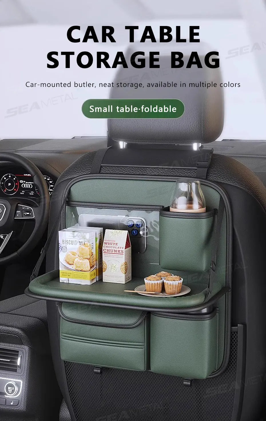 SEAMETAL Car Seat Back Organizer – Large Capacity Multi-Pocket Storage Bag with Foldable Tablet Tray