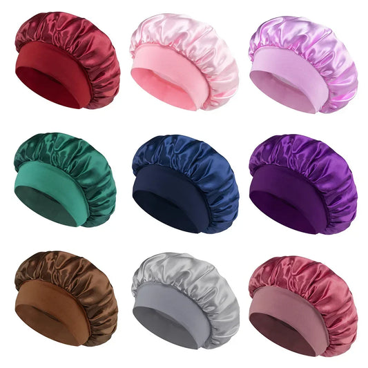 Women’s Satin Hair Bonnet – Solid Silk Sleeping Cap with Wide Brim and Elastic Soft Band for Hair Care