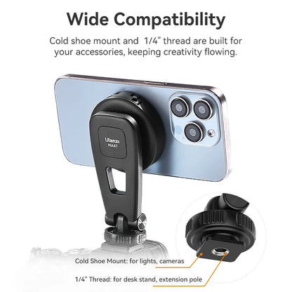 Ulanzi MA47 Magsafe Magnetic Phone Clamp – Universal Tripod Mount for iPhone 15/14/13/12 and Android, with 1/4" Screw and Cold Shoe