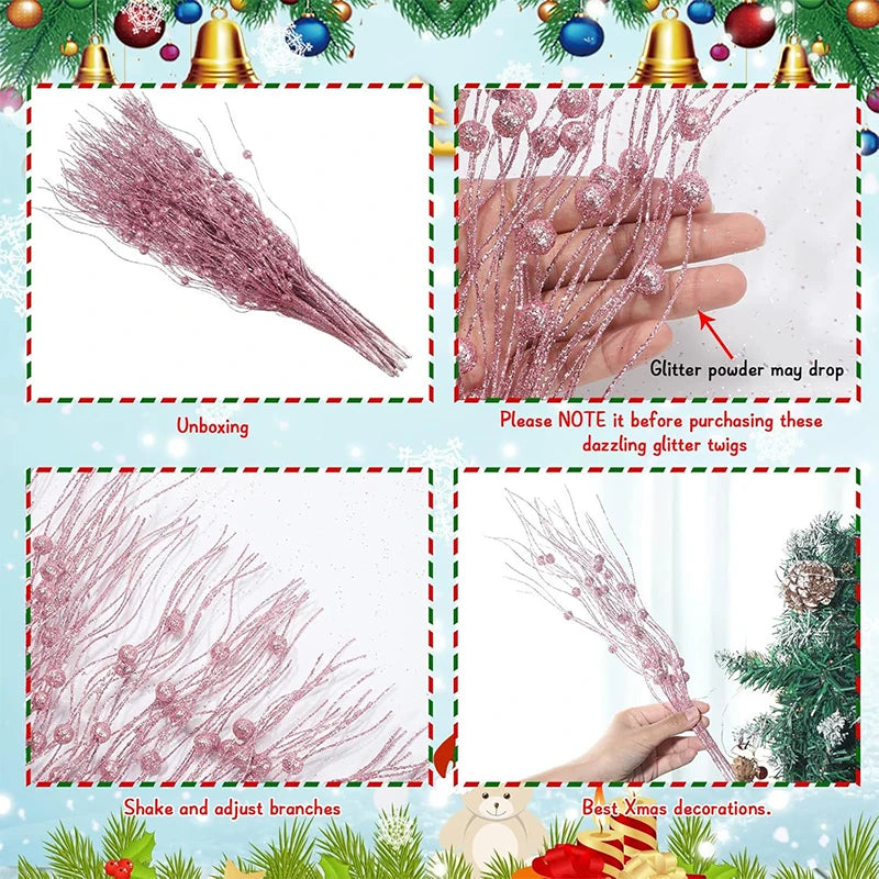 5PCS Glitter Artificial Berry Bouquet | Christmas Tree Ornament & Home Decor for New Year 2026, Navidad DIY Wreath Accessories