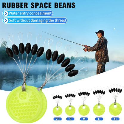 60pcs Rubber Space Bean Fishing Stoppers – 10-Group Oval Float Stopper Set for Carp & Fly Fishing