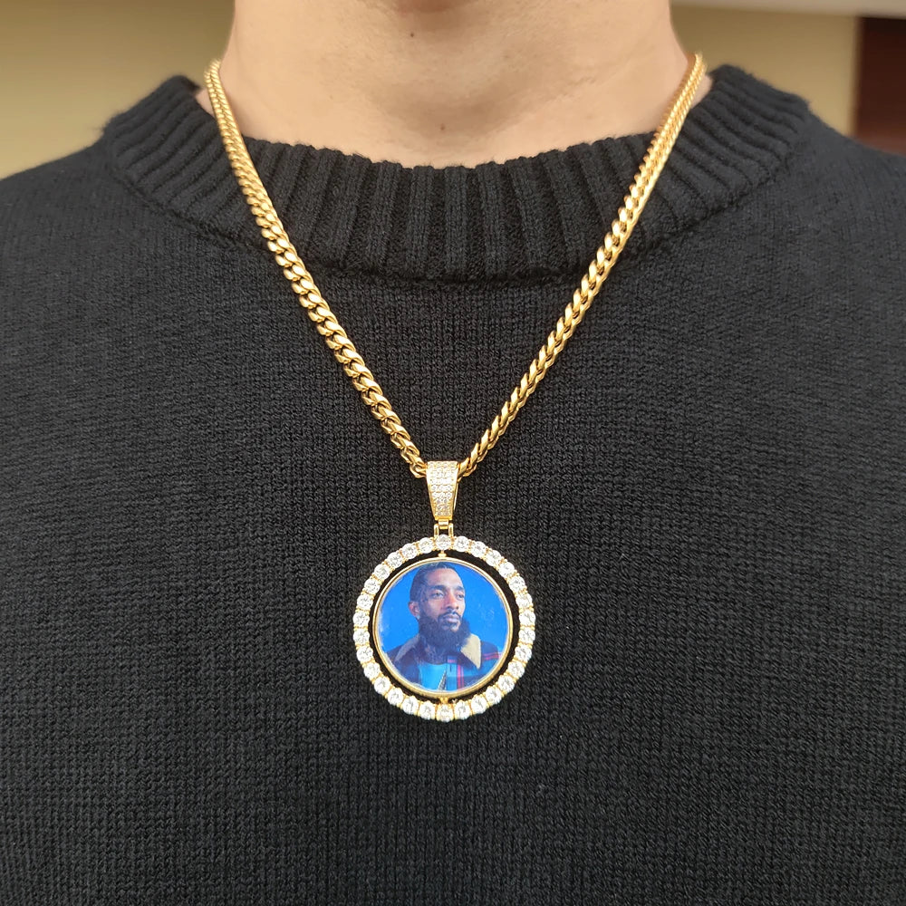 Customized Double-Side Photo Necklace – Personalized Picture Pendant with Cubic Zirconia, Hip Hop Jewelry Gift for Men & Women