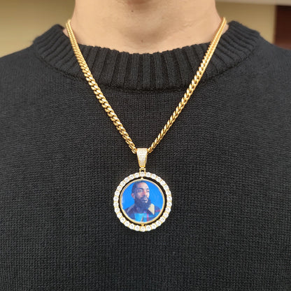 Customized Double-Side Photo Necklace – Personalized Picture Pendant with Cubic Zirconia, Hip Hop Jewelry Gift for Men & Women