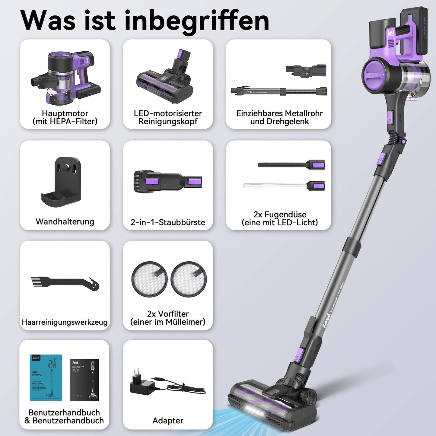 INSE S10 Cordless Vacuum Cleaner - 6 in 1 Stick Vacuum with 30Kpa 350W Suction, Max 50 Min Runtime Rechargeable Vacuum
