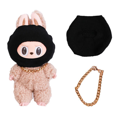 Labubu Doll Accessories – Trendy Black Knit Hat & Necklace Set, Cute and Funny Street Fashion Style