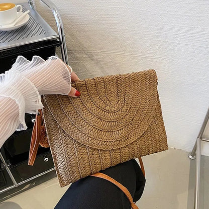 Handmade Straw Beach Bag – Small Woven Summer Shoulder Crossbody Clutch with Hair Ball