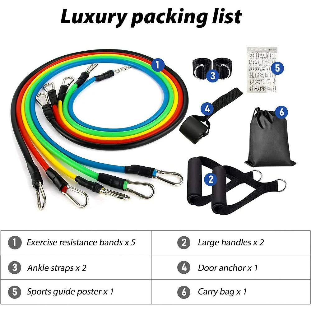 11Pcs Elastic Resistance Bands Set for Fitness, Bodybuilding & Home Gym Workouts