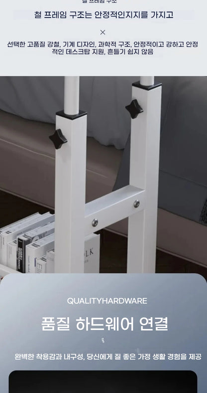 Double-Layer Movable Desk – Bedside Laptop Table with Storage Shelf, White Lift Office & Bedroom Desk