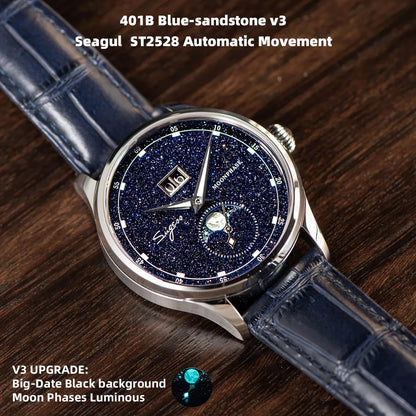 Sugess Origin ST2528 Mechanical Watch – Men's Luxury Moonphase Wristwatch with Real Blue Stone Dial & Stainless Steel Case