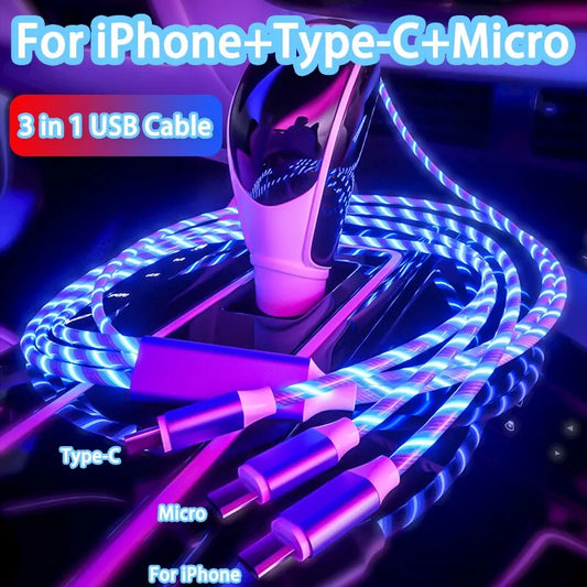 3-in-1 Glowing LED Light Fast Charging Micro USB Type C Cable: For iPhone, Samsung, Xiaomi, Redmi Phone Charger - USB Cable