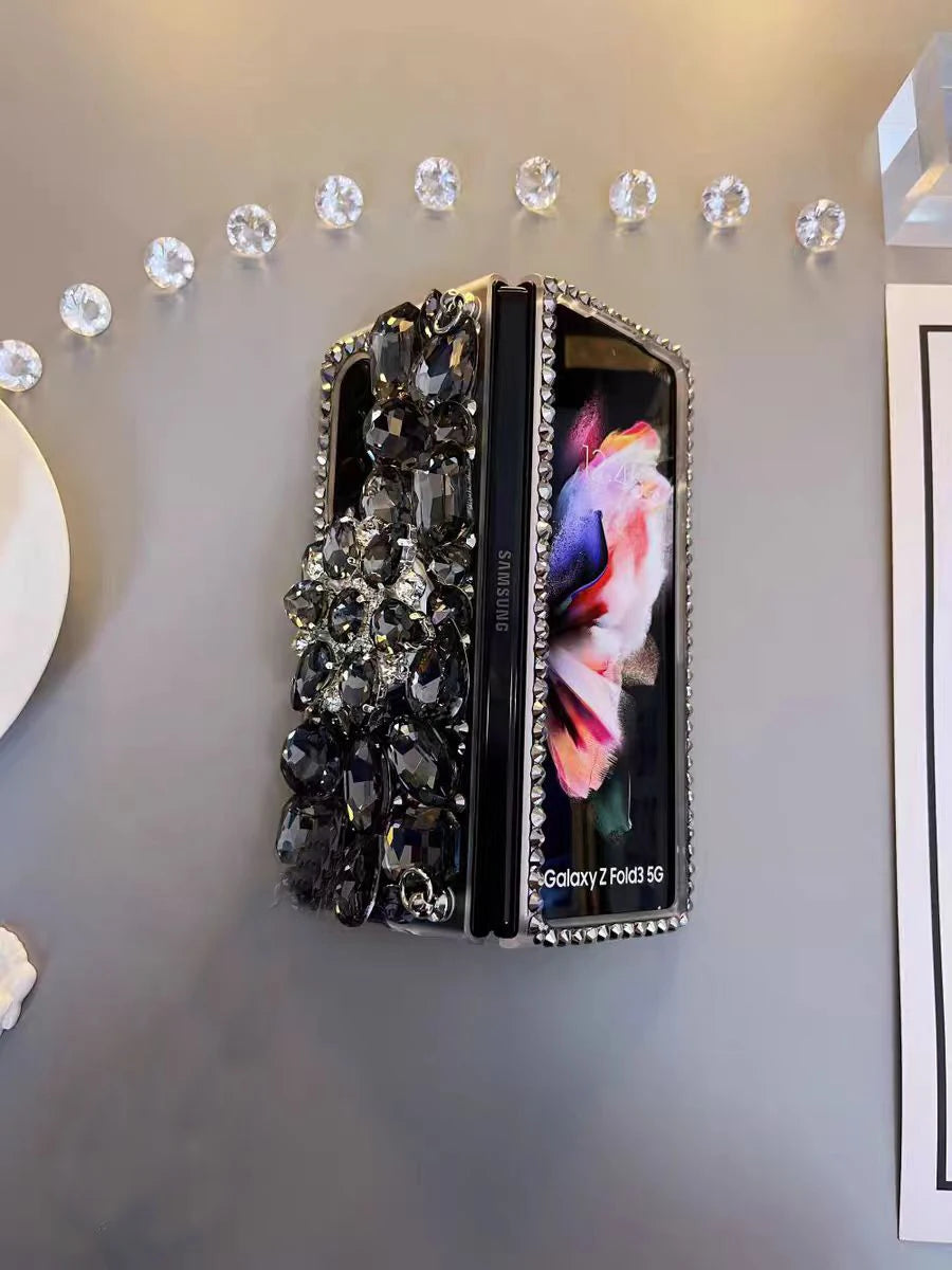 Luxury Crystal Diamond Phone Case for Samsung Galaxy Z Fold 6/5/4/3 – Pearl Wrist Strap & Stand Holder Cover