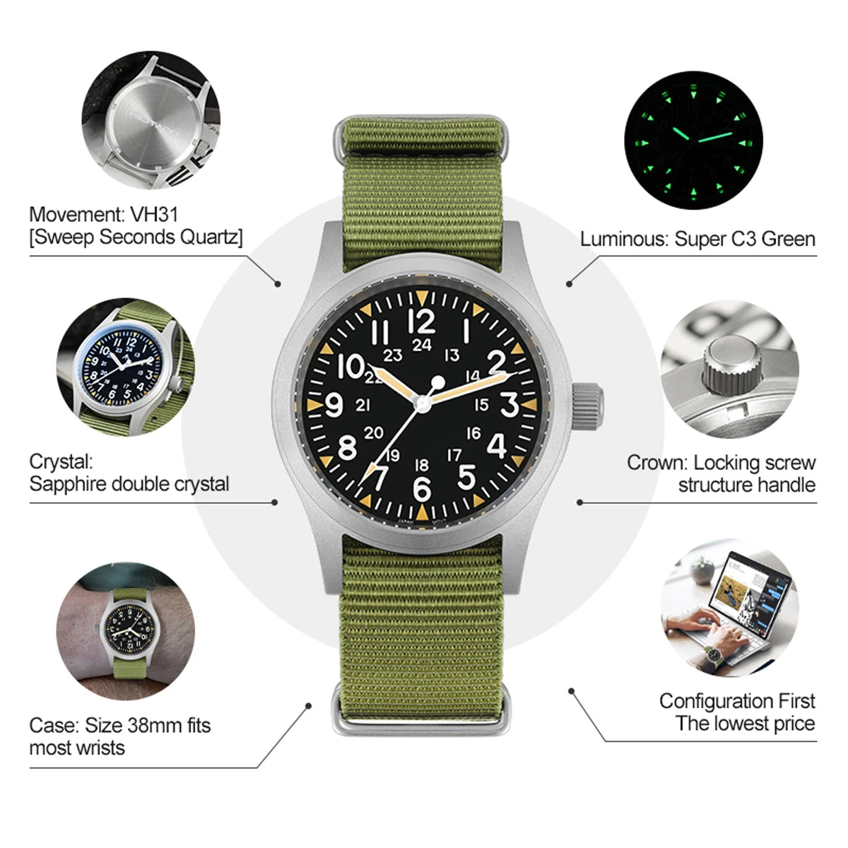 Militado ML05 Vintage Quartz Watch 38mm with VH31 Movement, Domed Sapphire Crystal, AR Coating & Luminous Dial