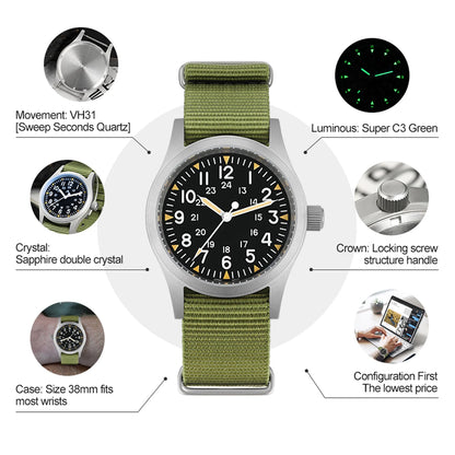 Militado ML05 Vintage Quartz Watch 38mm with VH31 Movement, Domed Sapphire Crystal, AR Coating & Luminous Dial