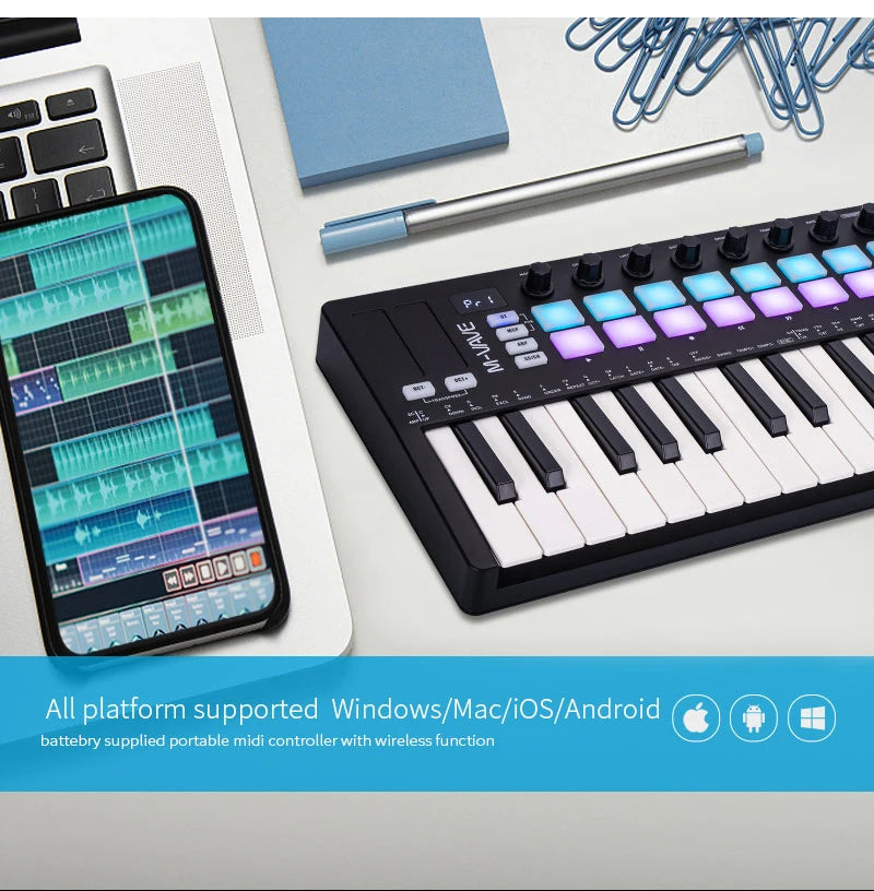 M-VAVE SMK-Ⅱ 25-Key MIDI Keyboard Controller – Bluetooth, 16 RGB Drum Pads, Semi-Weighted Dynamic Keybed