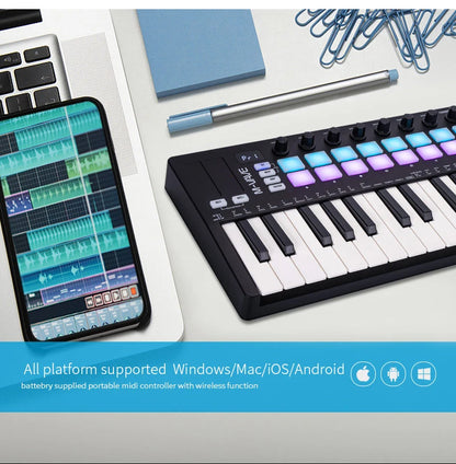 M-VAVE SMK-Ⅱ 25-Key MIDI Keyboard Controller – Bluetooth, 16 RGB Drum Pads, Semi-Weighted Dynamic Keybed