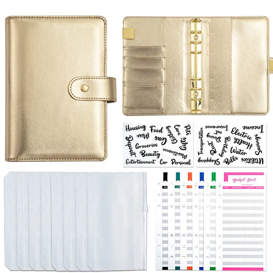 A6 Gold Ring Budget Planner Binder – Gold, Purple & Black with Zipper Cash Envelopes for Money Organization