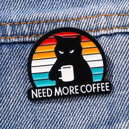 "Need More Coffee" Black Cat Brooch — Funny Coffee-Themed Letter Pin Badge