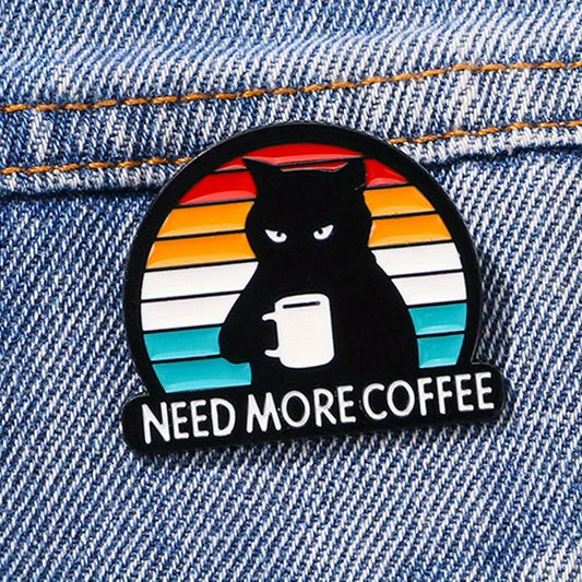 "Need More Coffee" Black Cat Brooch — Funny Coffee-Themed Letter Pin Badge