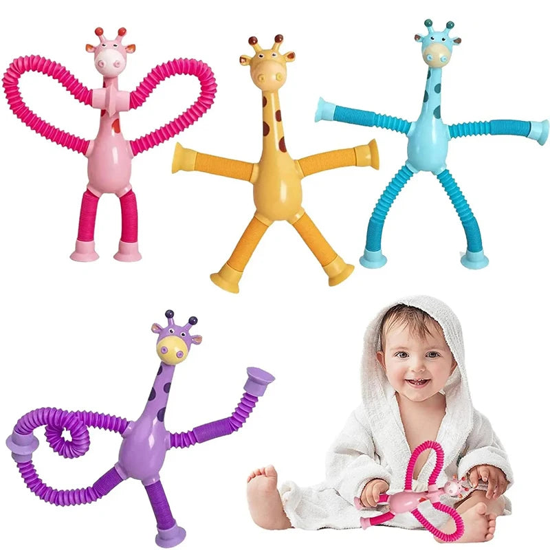 Christmas Suction Cup Pop Tubes: Telescopic Giraffe Fidget Sensory Toy - Stress Relief Bellows Anti-Stress Squeeze Toy for Children