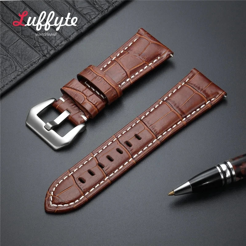 High-Quality Genuine Leather Watch Strap – 20mm-26mm Men's Band in Black, Brown & Blue
