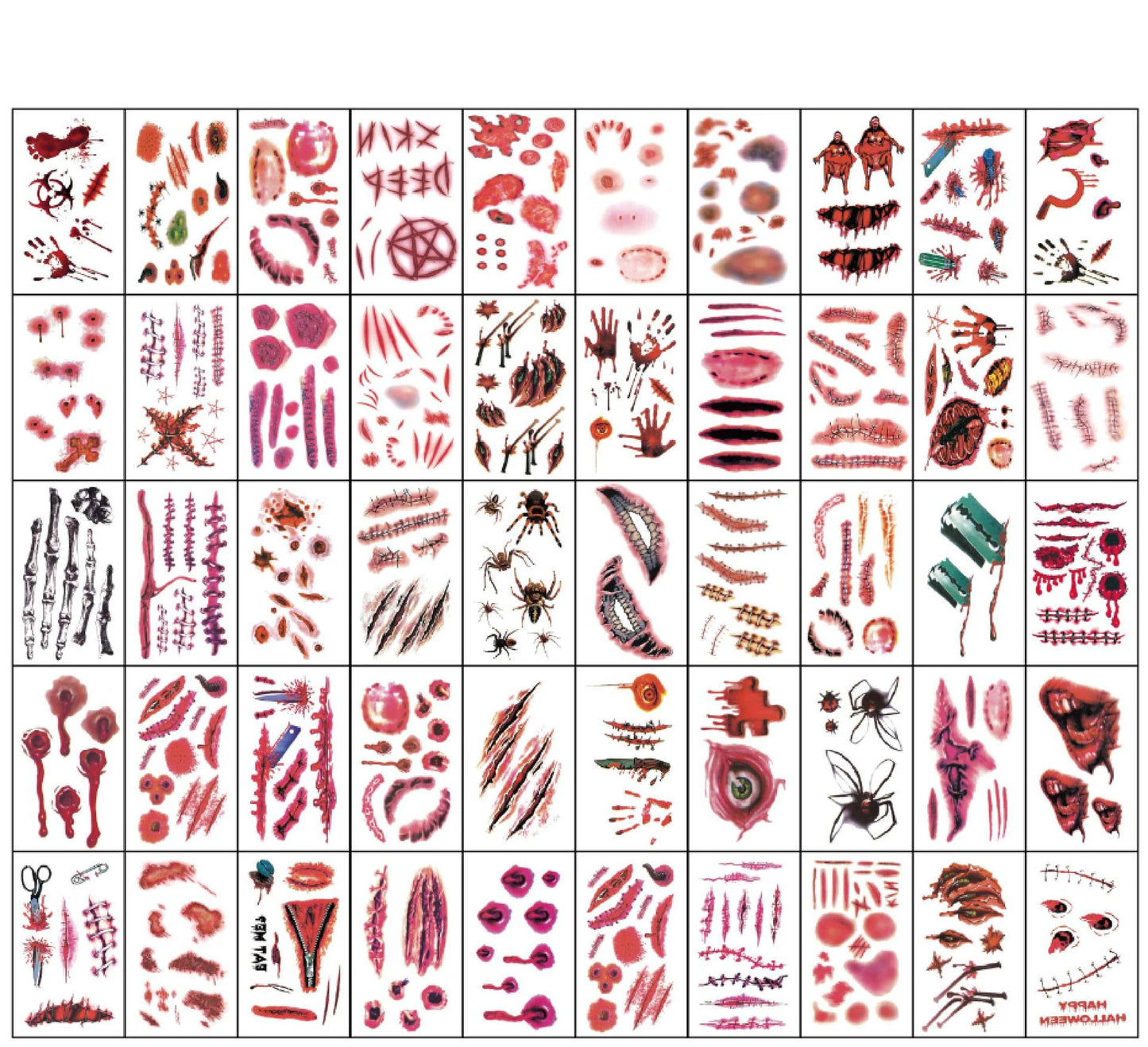 50 Sheets Halloween Theme Bloody Wound Tattoo Stickers - Waterproof Temporary Face Makeup for Kids' Halloween Party Decoration and Favors