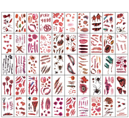 50 Sheets Halloween Theme Bloody Wound Tattoo Stickers - Waterproof Temporary Face Makeup for Kids' Halloween Party Decoration and Favors