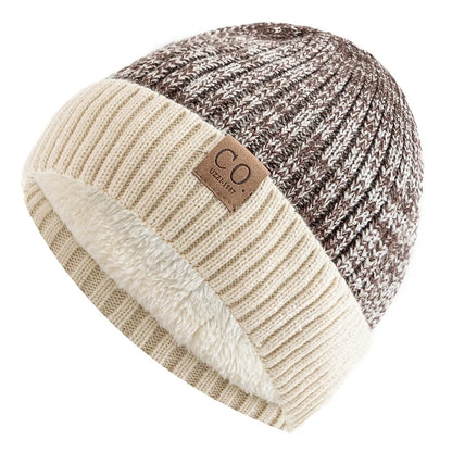 Unisex Two-Tone Winter Beanie Hat - Fur-Lined Knitted Cap for Men and Women, Casual Fashion Warmth