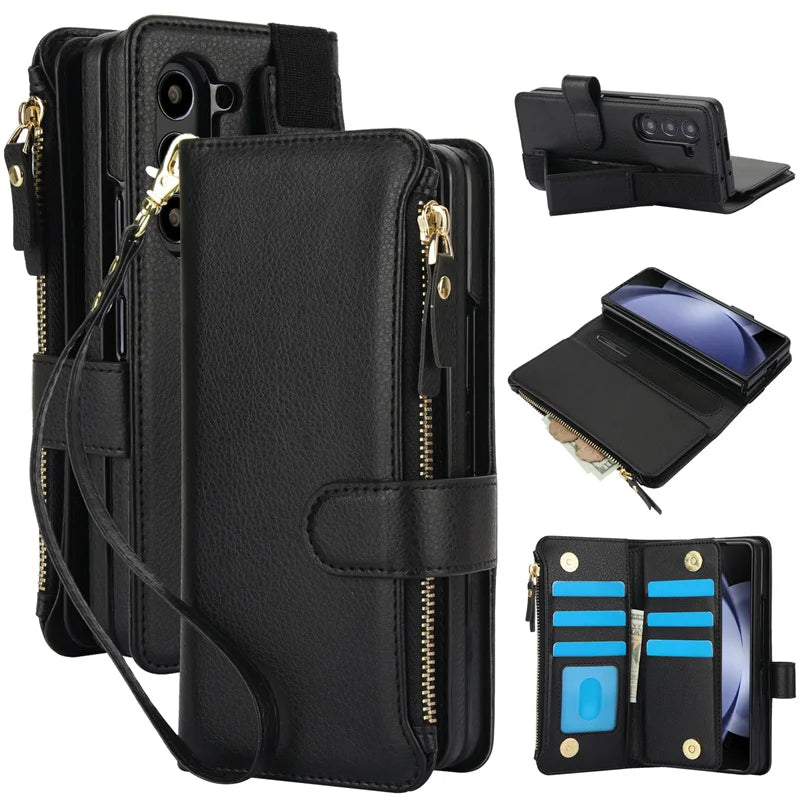 Leather Wristband Wallet Case for Samsung Galaxy Z Fold 3/4/5/6 – Shock Resistant Protective Cover