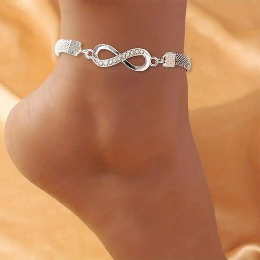 Shiny Infinity 8-Character Anklet for Women: Silver Color Rhinestone Vintage Metal Ankle Bracelet - Charm Sparkly Foot Jewelry