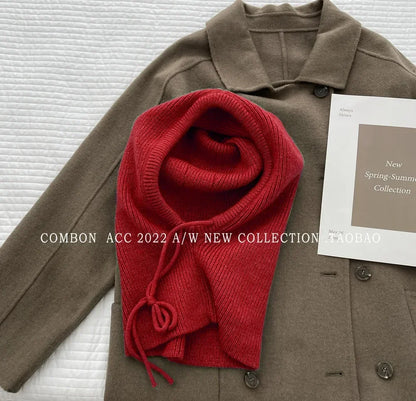 Winter Knitted Hooded Balaclava Hats for Women – Korean Style Outdoor Warmer Beanie with Drawstring Neck Collar