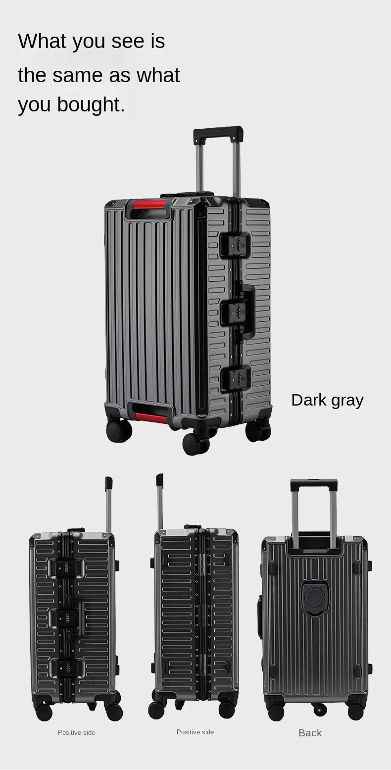 30-Inch Five-Wheel Aluminum Frame Suitcase — Multifunctional Cabin Luggage with Password Lock, USB Port & Cup Holder