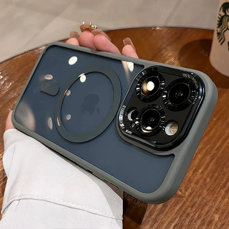 Luxury Magnetic Metal Lens Case – Hard Clear Protective Cover for iPhone 16, 15, 14, 13, 12, 11 Pro Max with Wireless Charging