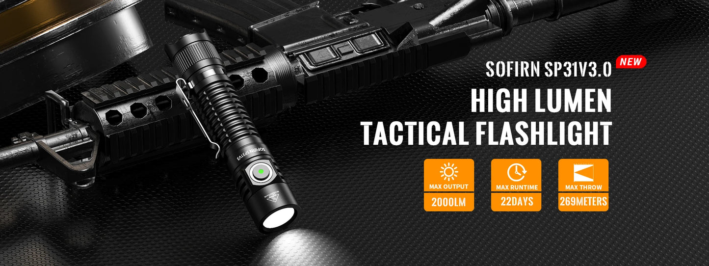 Sofirn SP31 V3.0 Tactical LED Flashlight — 2000LM SST40/519A USB-C Rechargeable 18650 Torch with Dual Switch